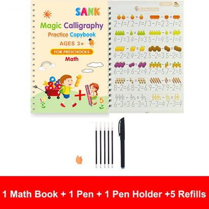 Magic Calligraphy Practice Copybook with pen, pen holder, and refills on a white background
