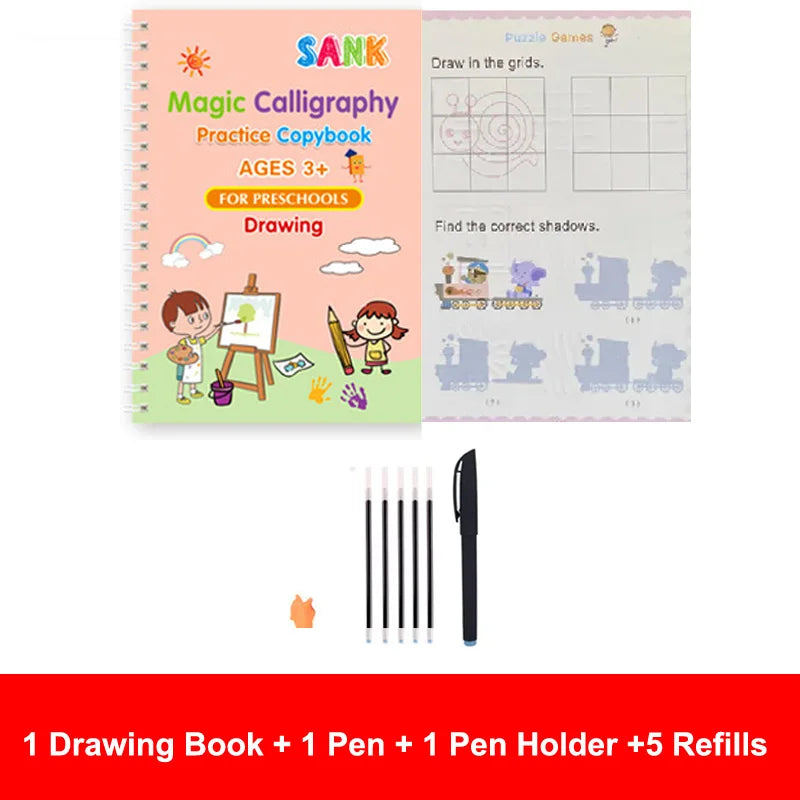 Magic Calligraphy Practice Copybook with pen, pen holder, and refills on a white background