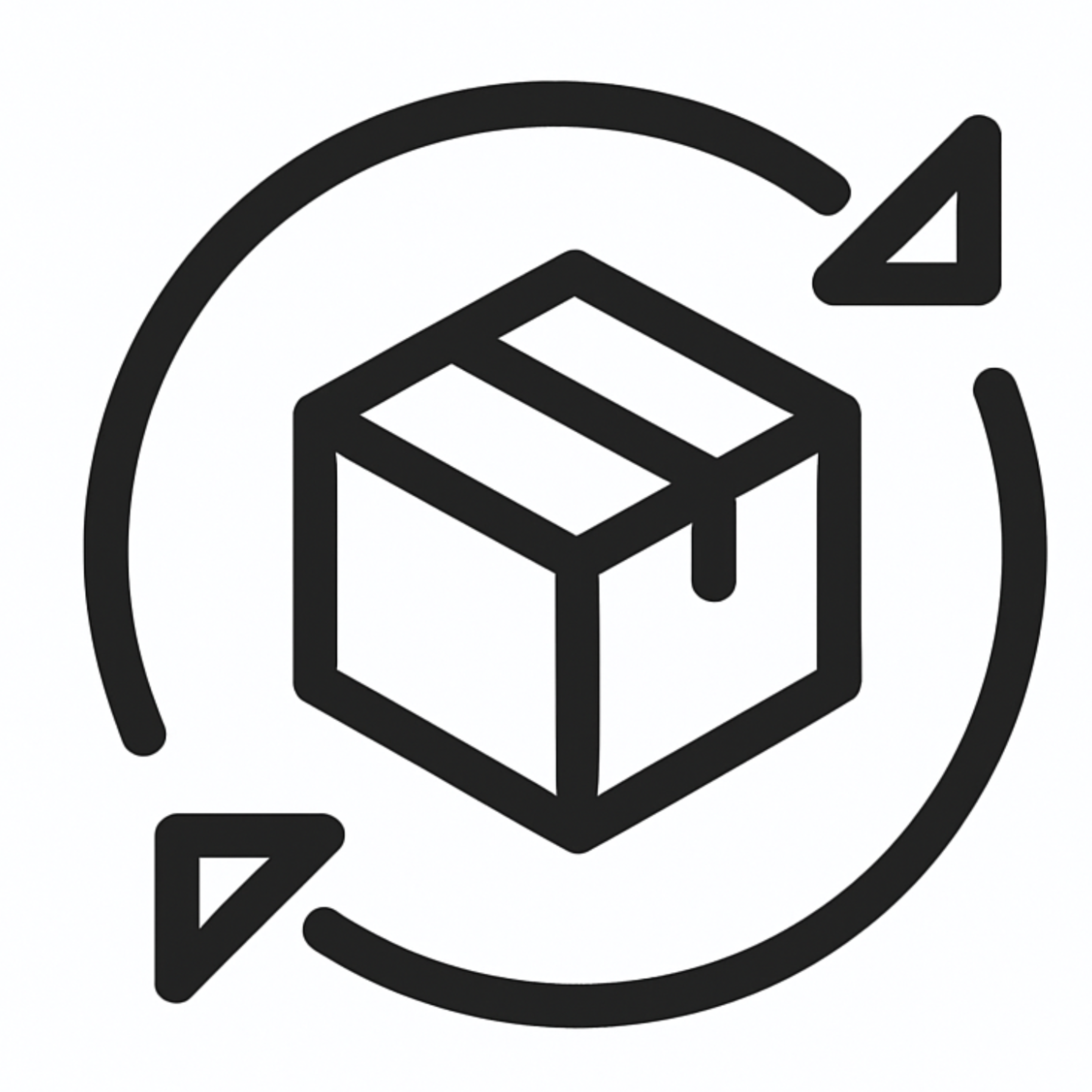 Icon of a box with a circular arrow around it on a white background